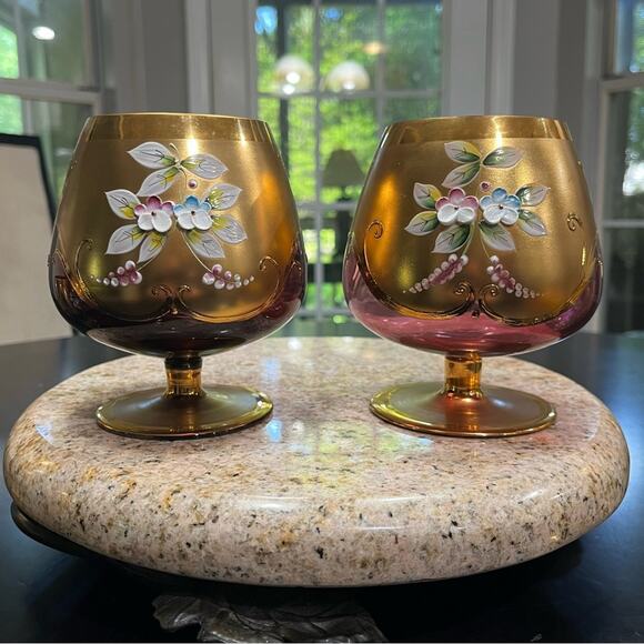 Bohemian Czech Vintage Tre Fuochi Hand Painted Crystal Gold Gilt Brandy Snifter - Picture 9 of 16